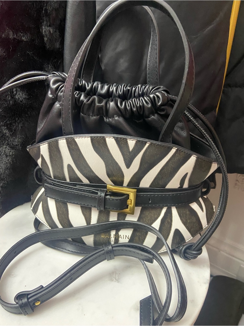 Black & White Zebra Print Drawstring Tote Bag with Gold Buckle
